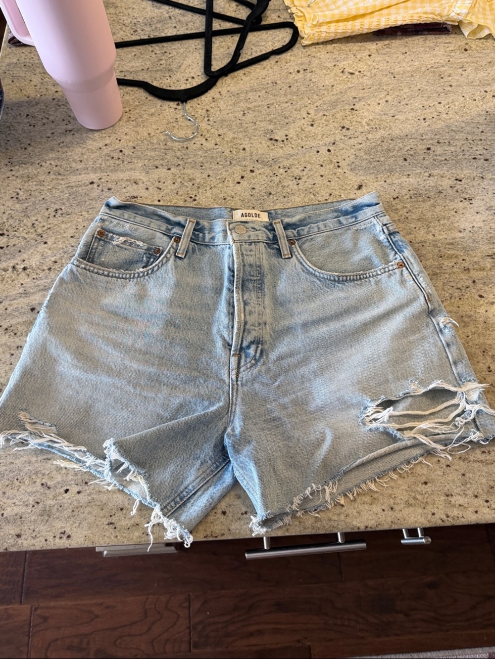 Agolde Light Blue Distressed High-Rise Jean Shorts